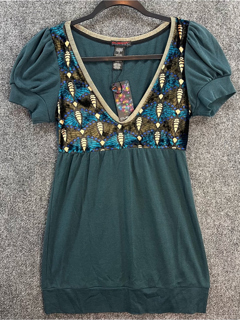 NWT VTG Custo Barcelona Babydoll VNeck Shirt Sz 2 Teal ‘Carola Velvet’ Y2K Retro